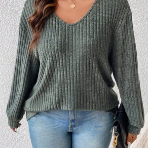 Plus Size Women Casual Solid Ribbed V-Neck Loose T-Shirt