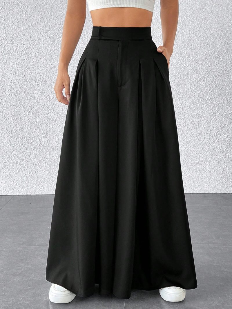 Solid Fold Pleated Wide Leg Pants