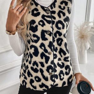 Casual Versatile Leopard Print Lamb Wool Sleeveless Single-Breasted Ladies Jacket, Autumn/Winter