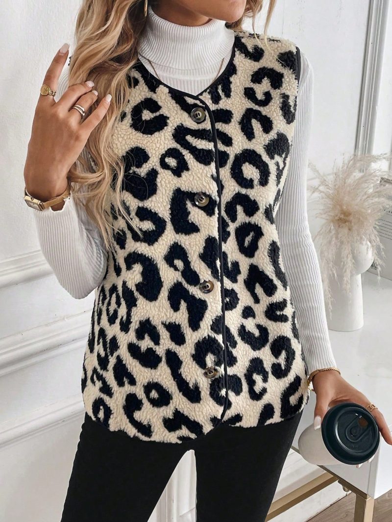 Casual Versatile Leopard Print Lamb Wool Sleeveless Single-Breasted Ladies Jacket, Autumn/Winter
