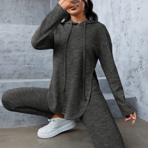 Marled Knit Drop Shoulder Split Hem Drawstring Hoodie & Leggings