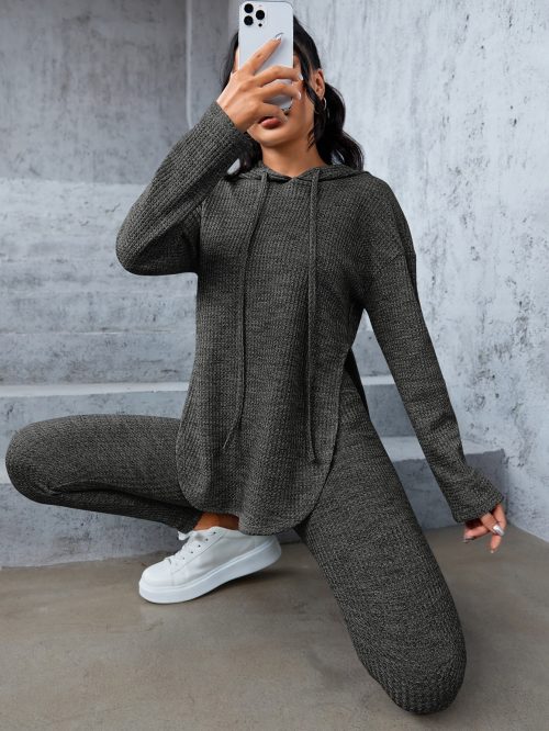 Marled Knit Drop Shoulder Split Hem Drawstring Hoodie & Leggings