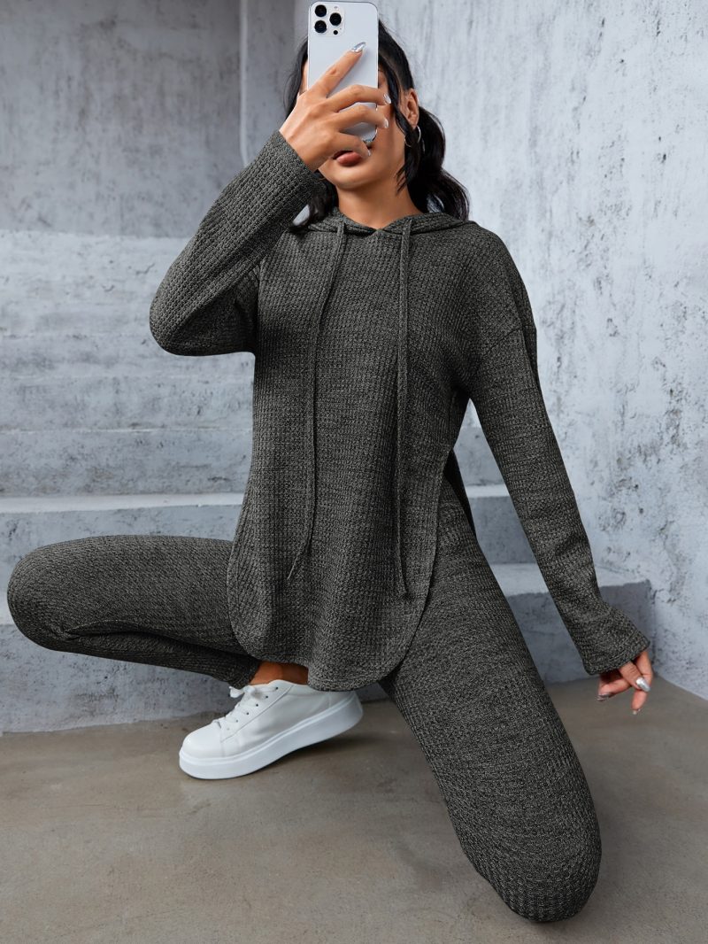 Marled Knit Drop Shoulder Split Hem Drawstring Hoodie & Leggings