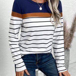 Women Crew Neck Contrast Striped Print Casual Long Sleeve T-Shirt