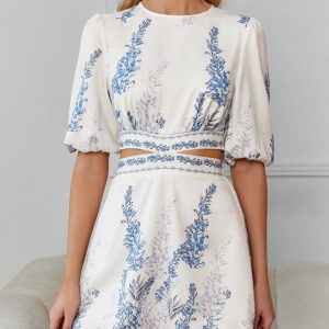 Plants Print Cut Out Waist Tie Back Puff Sleeve Dress