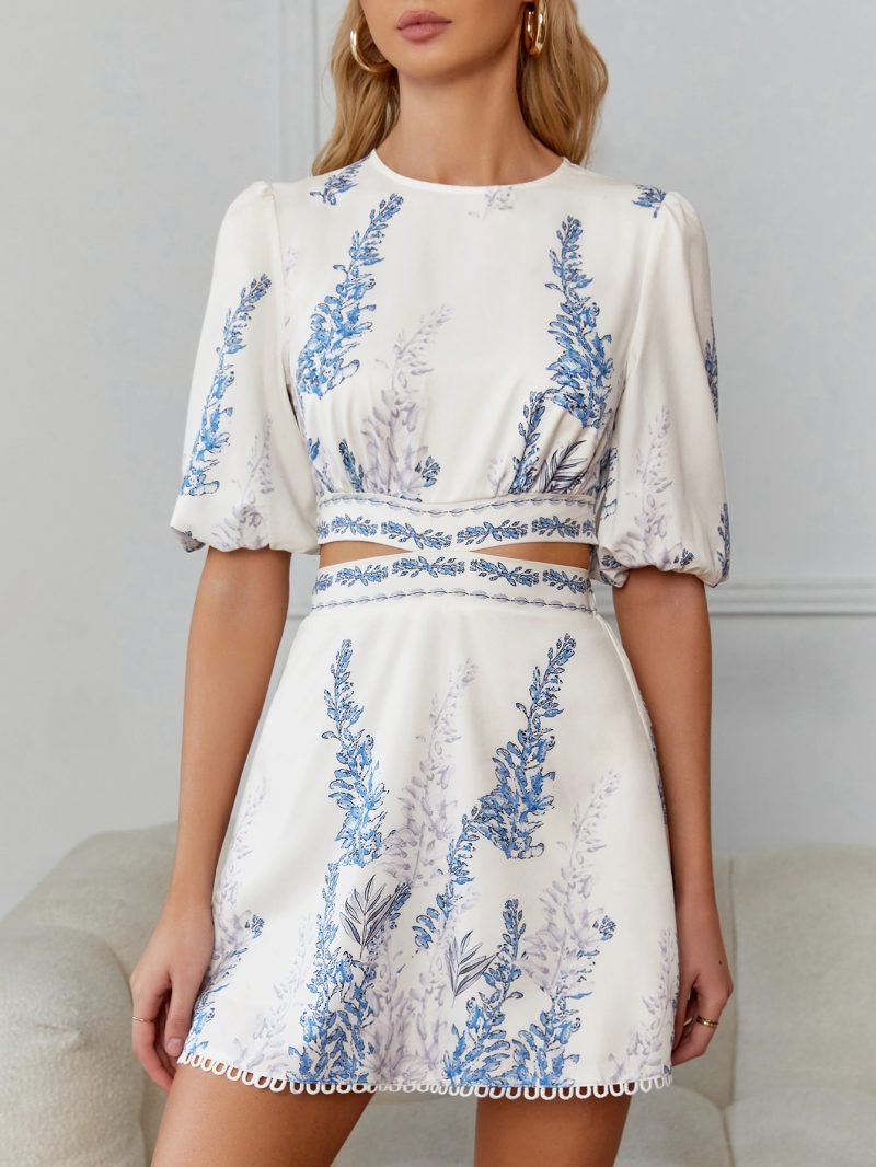 Plants Print Cut Out Waist Tie Back Puff Sleeve Dress