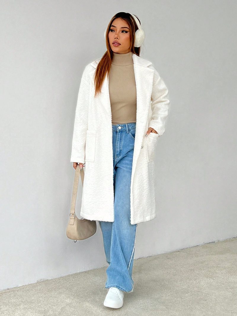 Women's Regular Fit Long Sleeve Lapel Neck Drop Shoulder Double Pocket Overcoat