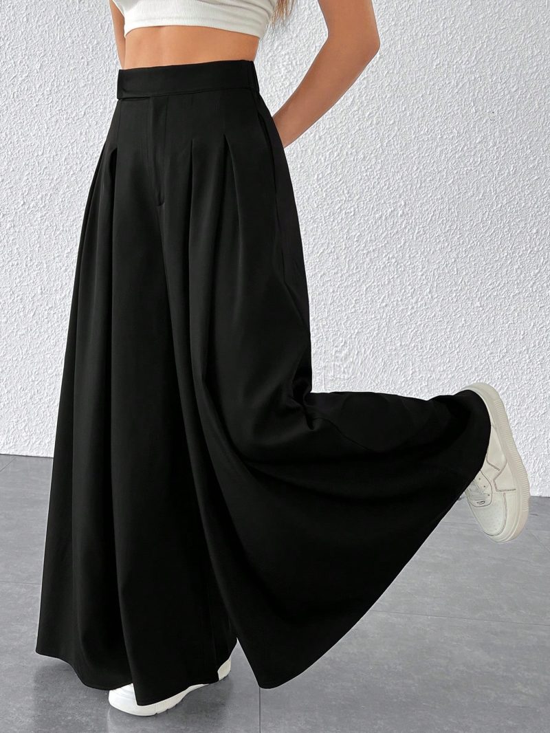 Solid Fold Pleated Wide Leg Pants