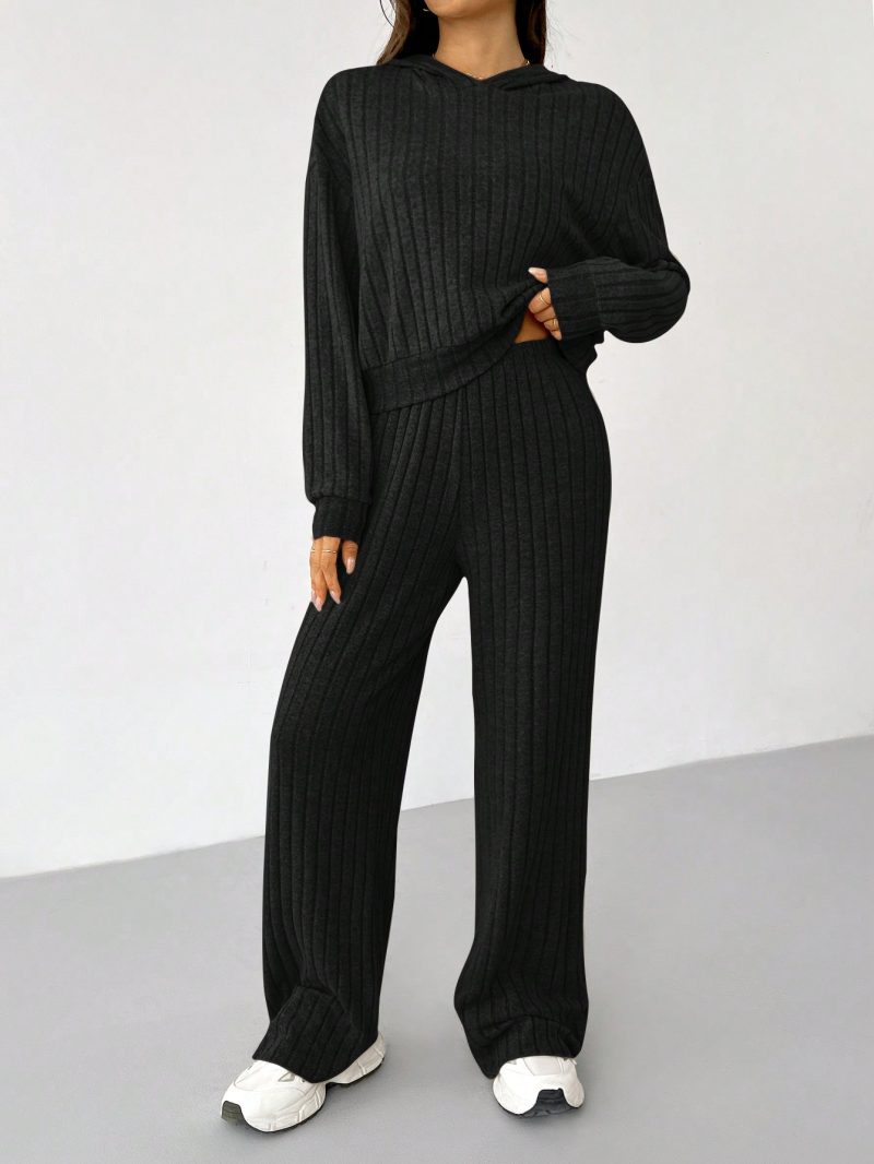 Knit Drop Shoulder Drawstring Hoodie & Pants