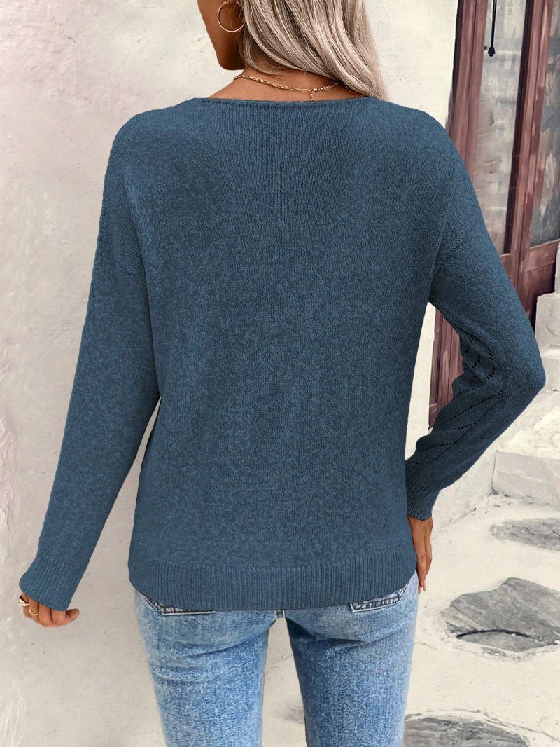 Women Casual V-Neck Hollow Texture Pullover Sweater