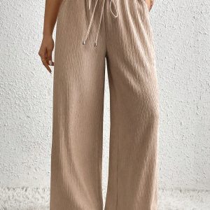 Women's Solid Color Tie Waist Casual Pleated Straight Leg Pants