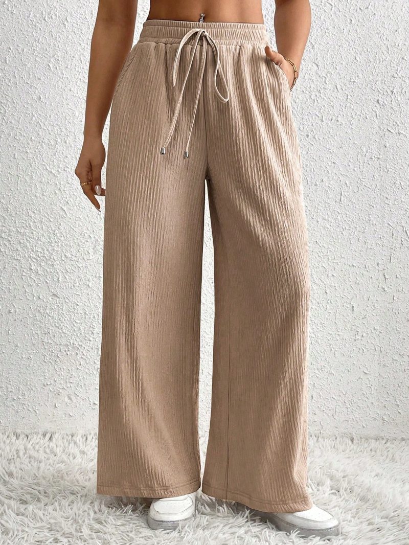 Women's Solid Color Tie Waist Casual Pleated Straight Leg Pants