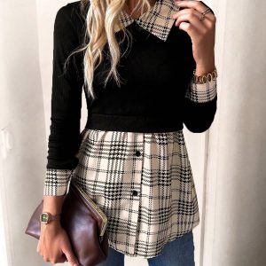 Retro American Casual Commuter Color Block Plaid Shirt Collar Blouse