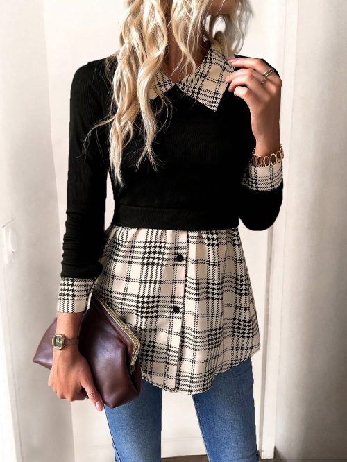 Retro American Casual Commuter Color Block Plaid Shirt Collar Blouse