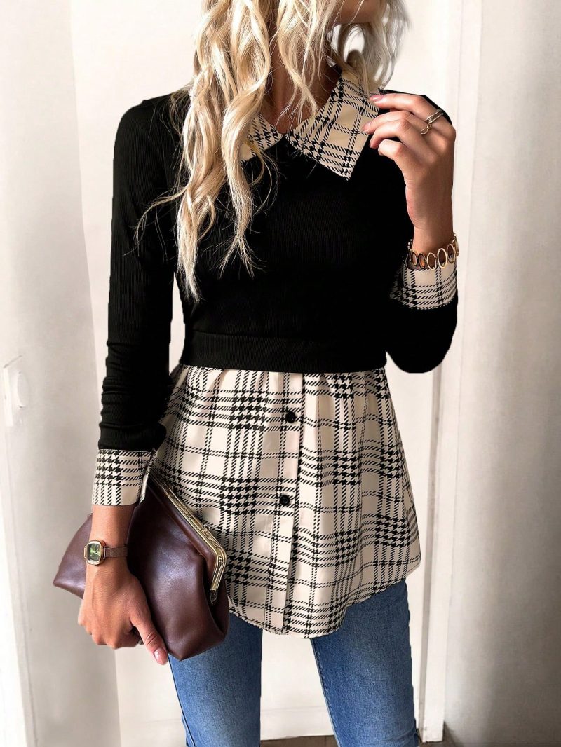 Retro American Casual Commuter Color Block Plaid Shirt Collar Blouse