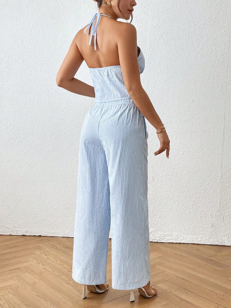 2pcs Women's Summer Striped Halter Neck Backless Cami And Wide Leg Pocket Pants Casual Set