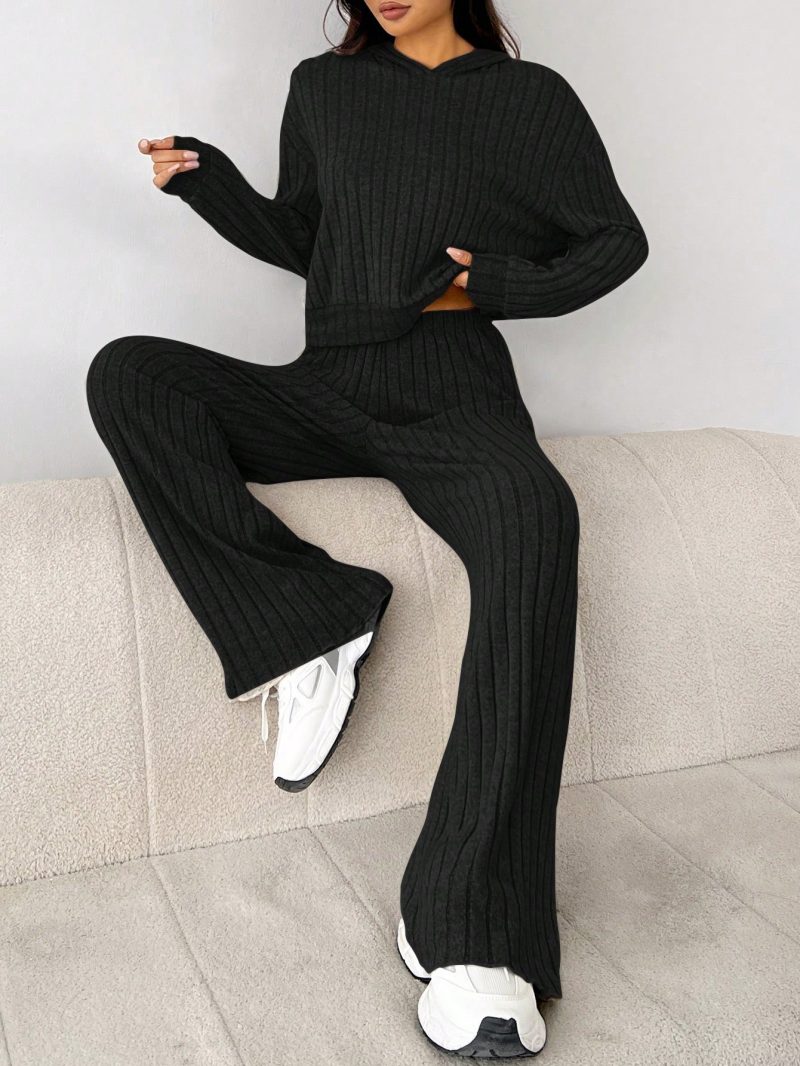 Knit Drop Shoulder Drawstring Hoodie & Pants