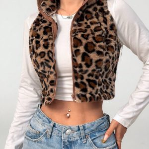 Women's Casual Leopard Print Sleeveless Fluffy Cropped Jacket For Autumn/Winter