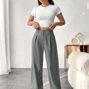 Women Solid Color Pocket Elegant Straight Leg Pants For Commuting