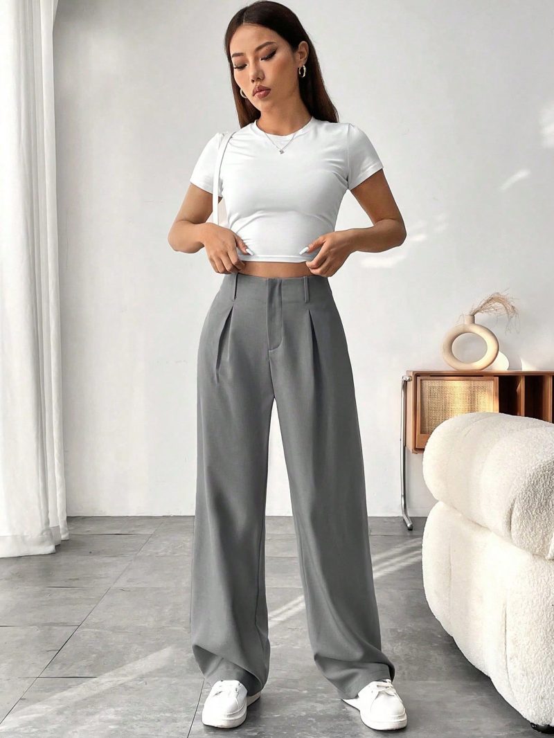 Women Solid Color Pocket Elegant Straight Leg Pants For Commuting