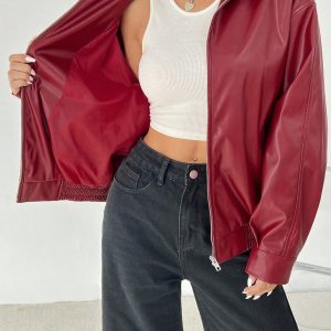 Drop Shoulder Zip Up Black PU Jacket