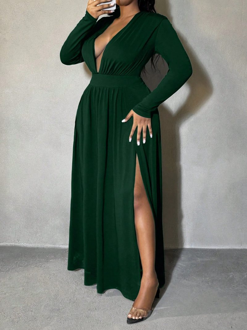 Plus Size Women's Plunging Deep-V Neck High Split Shoulder Pad Swing Dress