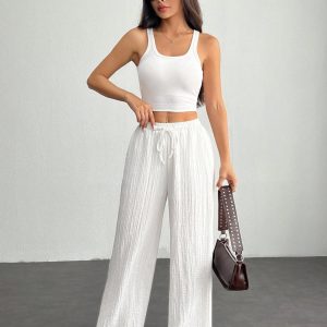 Women's Solid Color Front Tie Pleated Casual Pants, Simple And Versatile