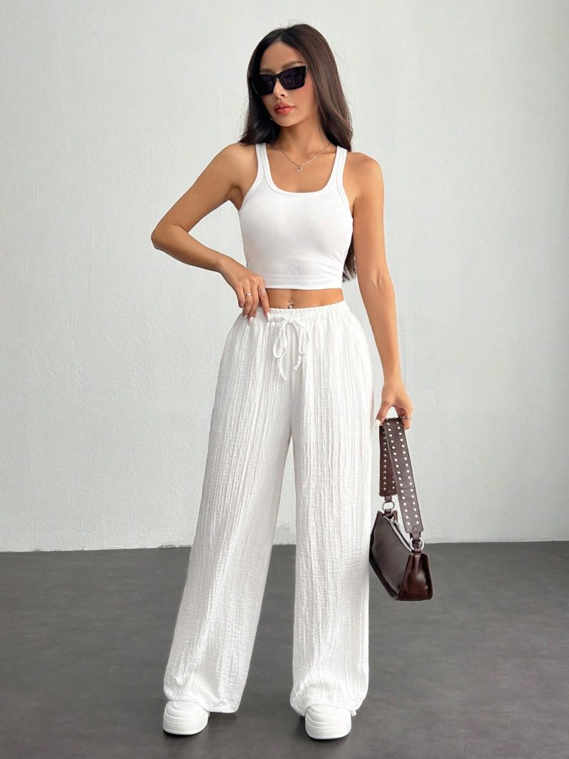 Women's Solid Color Front Tie Pleated Casual Pants, Simple And Versatile
