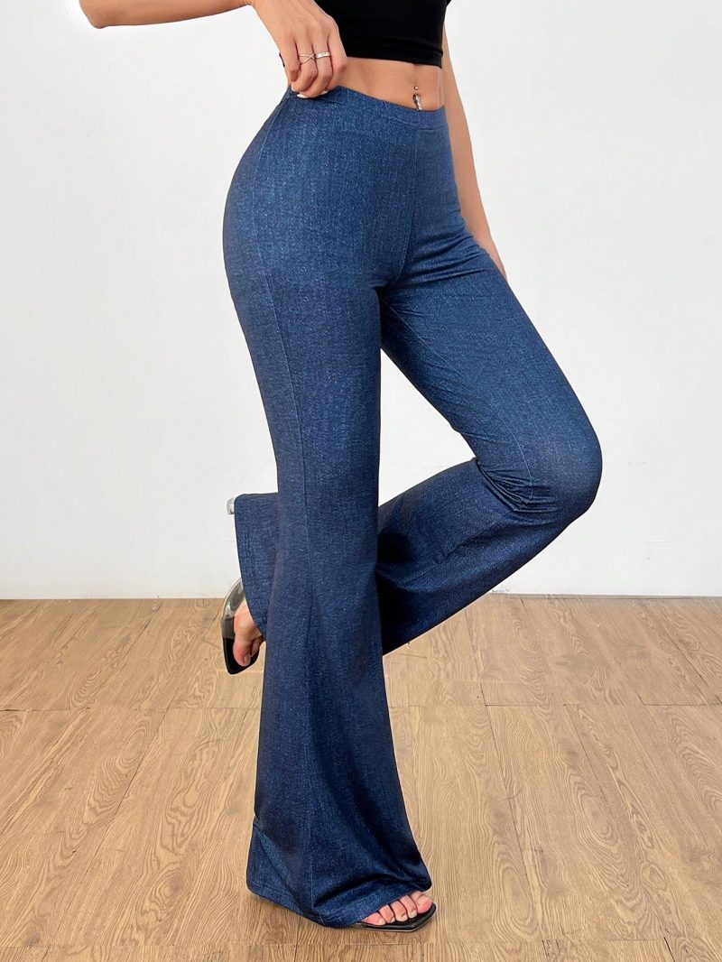 Denim Print Slim-Fitting Sexy Butt-Lifting Flared Pants With Gathered Back Waist