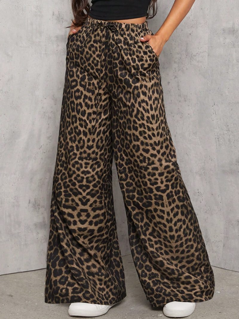 Casual Street Leopard Print Loose Straight Wide Leg Trousers , Palazzo Pants