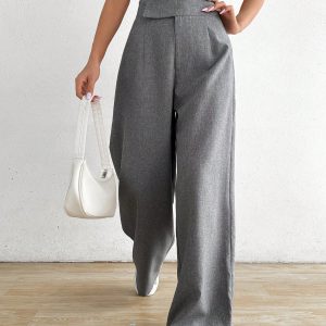 Unique Design Waist Decor Elegant Gray Wide Leg Pants, Comfortable & Versatile