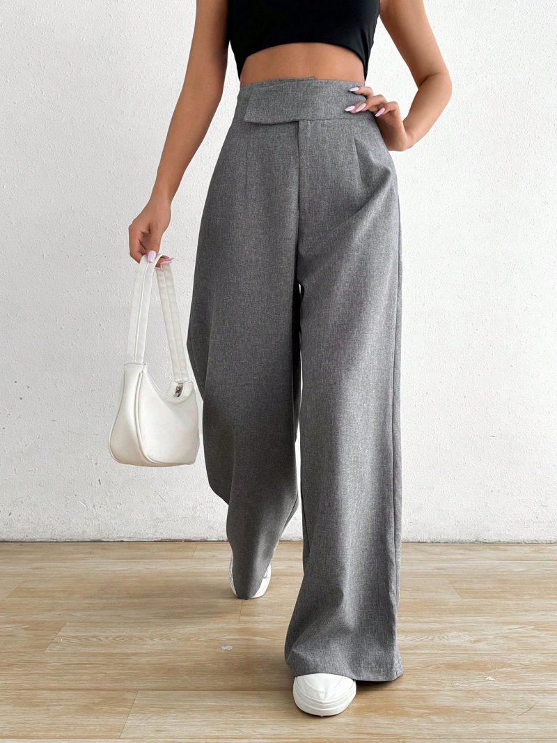 Unique Design Waist Decor Elegant Gray Wide Leg Pants, Comfortable & Versatile