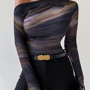 Tie Dye Print Asymmetric Ruched Long Sleeve Women T-Shirt