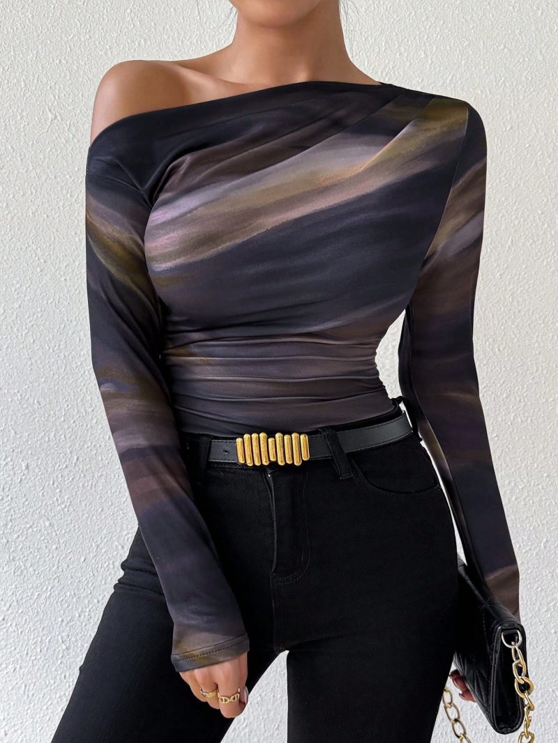 Tie Dye Print Asymmetric Ruched Long Sleeve Women T-Shirt