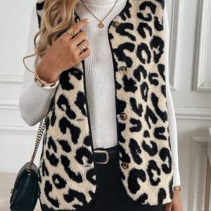 Casual Versatile Leopard Print Lamb Wool Sleeveless Single-Breasted Ladies Jacket, Autumn/Winter