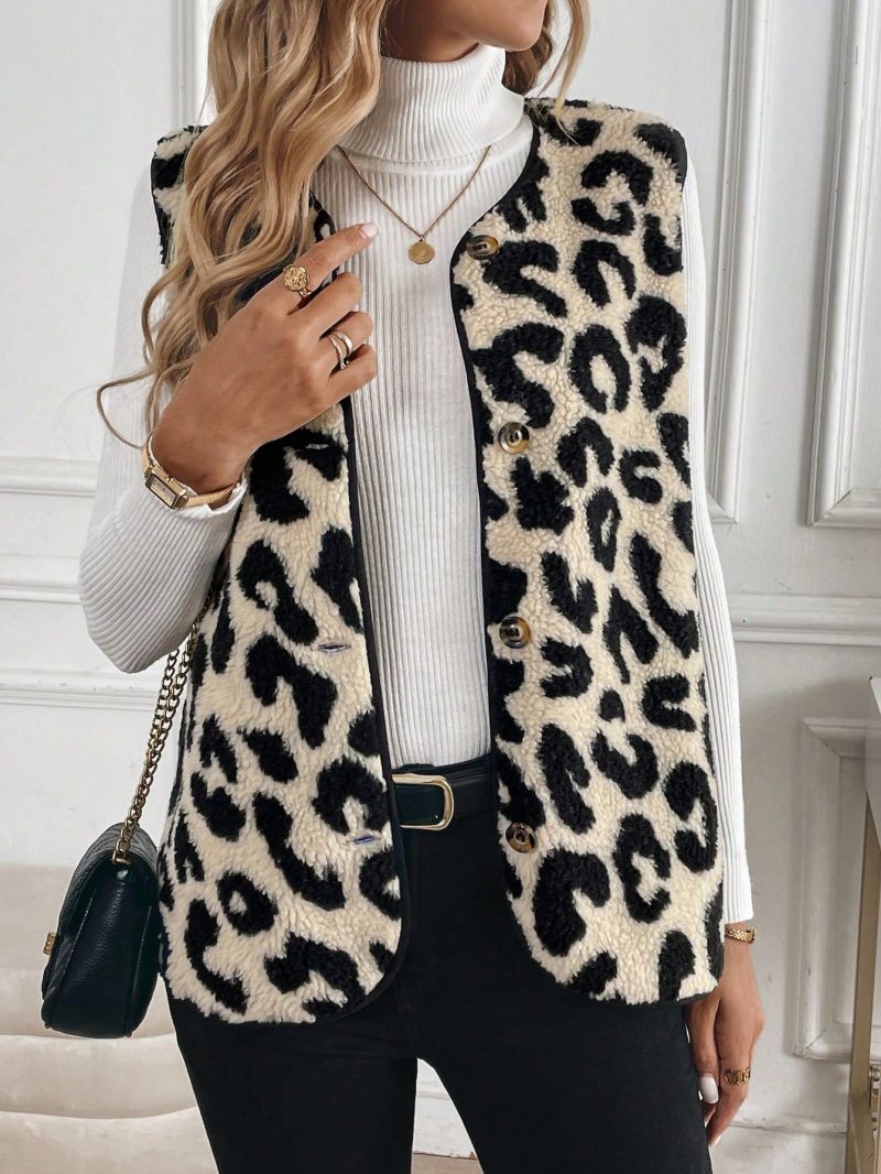 Casual Versatile Leopard Print Lamb Wool Sleeveless Single-Breasted Ladies Jacket, Autumn/Winter