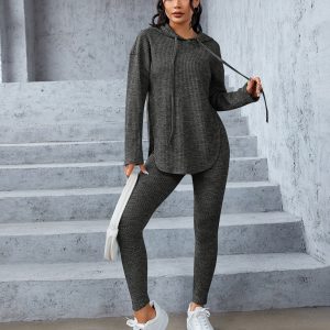 Marled Knit Drop Shoulder Split Hem Drawstring Hoodie & Leggings