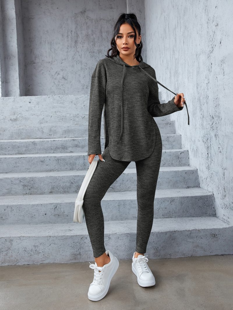 Marled Knit Drop Shoulder Split Hem Drawstring Hoodie & Leggings