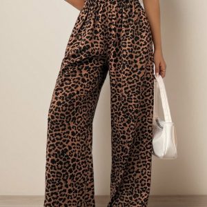 Women Elastic Waist Wide-Leg Leopard Print Loose Pants