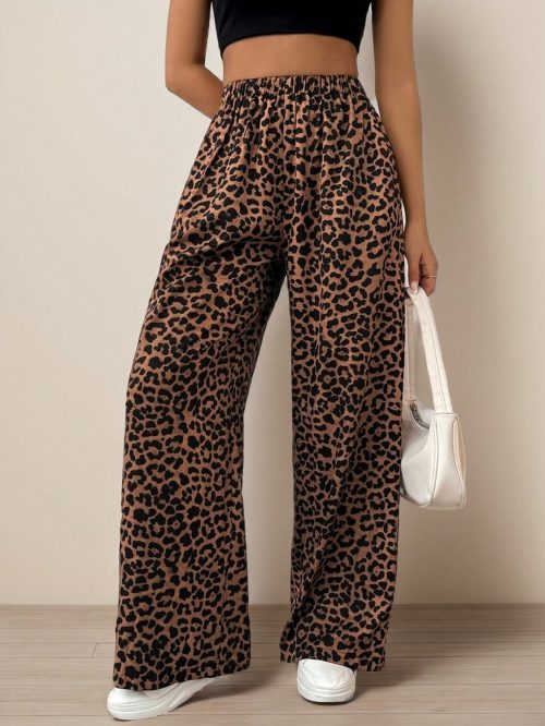 Women Elastic Waist Wide-Leg Leopard Print Loose Pants