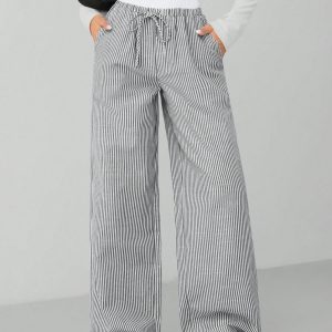 Autumn Blue Striped Contrast Waist Woven Women's Trousers