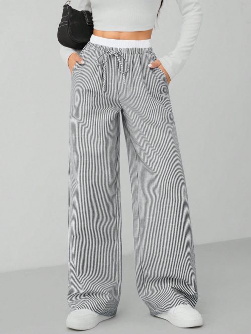 5fb3a39939fd2e6b8ca47981f5062ba5.jpg Autumn Blue Striped Contrast Waist Woven Women's Trousers