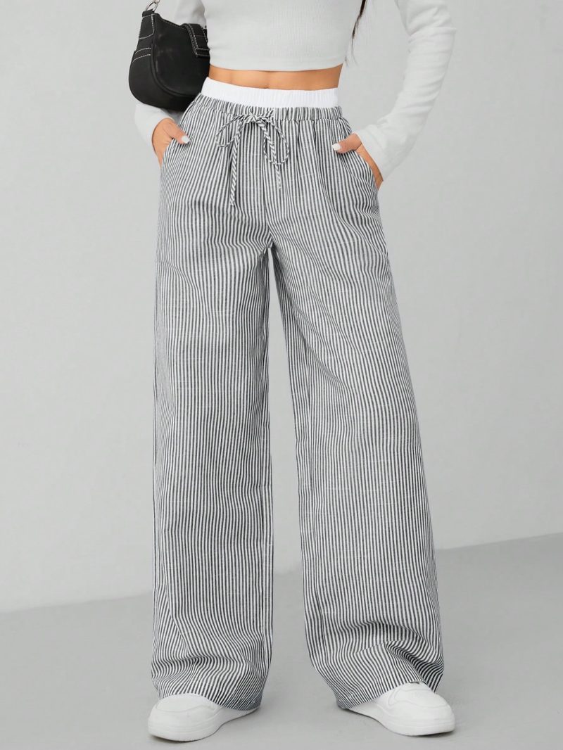 Autumn Blue Striped Contrast Waist Woven Women's Trousers