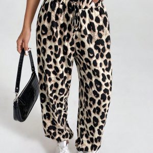 Women's Vintage Leopard Print Elastic Waistband Pants With Ruffled Cuffs For Summer Casual, Holiday
