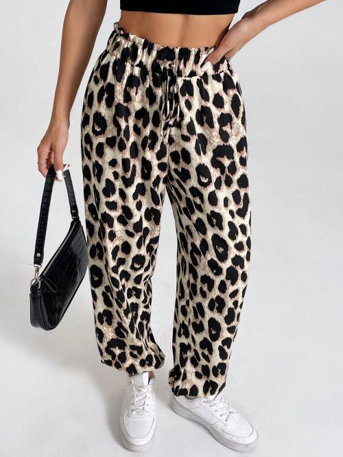 Women's Vintage Leopard Print Elastic Waistband Pants With Ruffled Cuffs For Summer Casual, Holiday