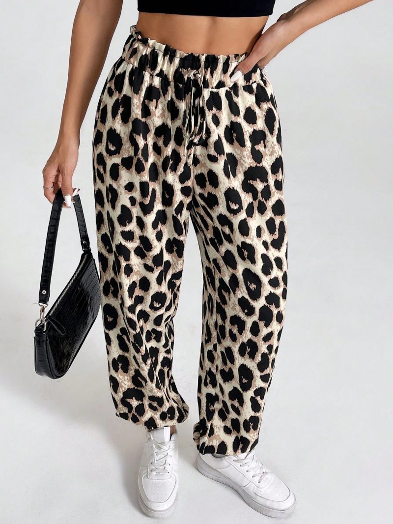 Women's Vintage Leopard Print Elastic Waistband Pants With Ruffled Cuffs For Summer Casual, Holiday