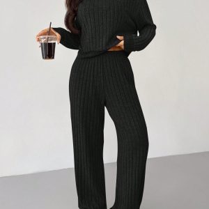 Knit Drop Shoulder Drawstring Hoodie & Pants