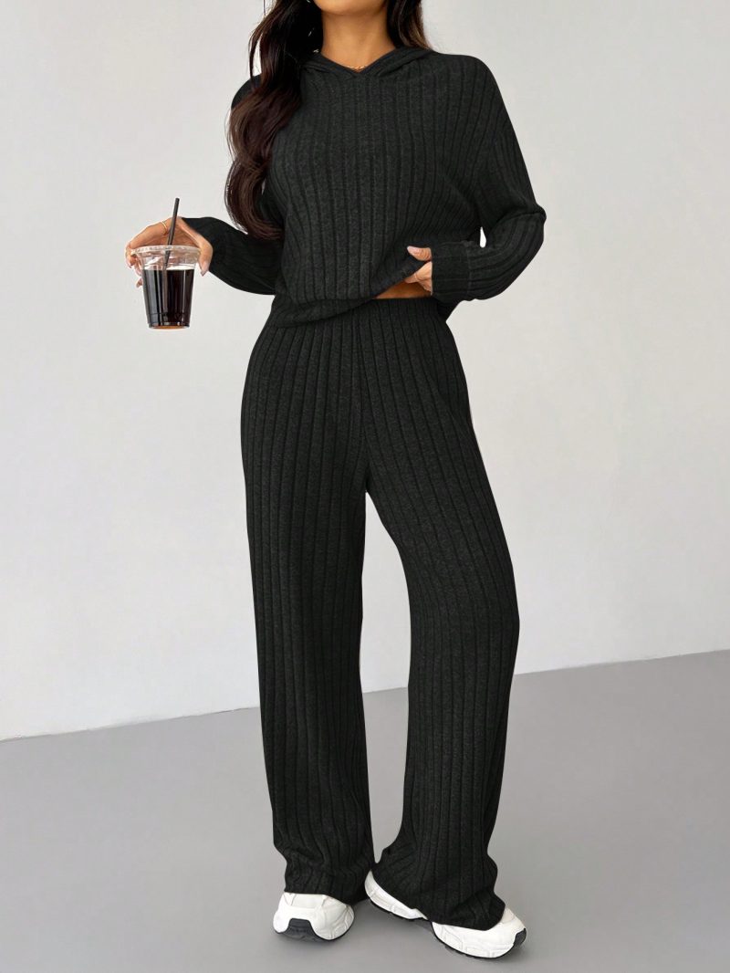 Knit Drop Shoulder Drawstring Hoodie & Pants