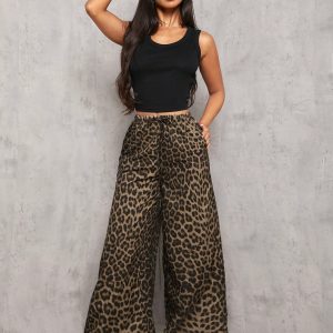 Casual Street Leopard Print Loose Straight Wide Leg Trousers , Palazzo Pants