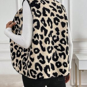 Casual Versatile Leopard Print Lamb Wool Sleeveless Single-Breasted Ladies Jacket, Autumn/Winter